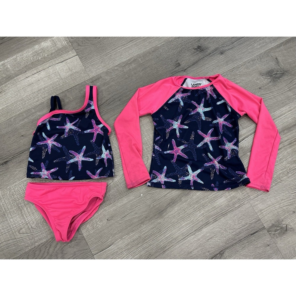Lands End Girls 3T Starfish Swimsuit W/ Sun Shirt NWOT Pink Blue READ